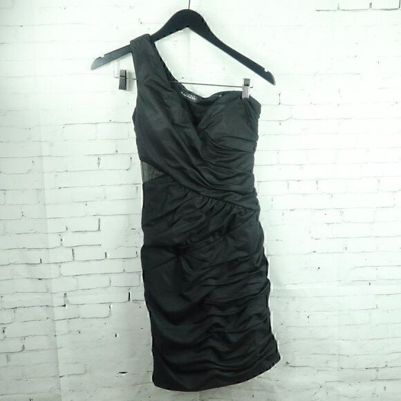 RAMPAGE BLACK LIQUID STRETCH JERSEY ONE SHOULDER BODYCON DRESS WITH SIDE MESH - Picture 6 of 14
